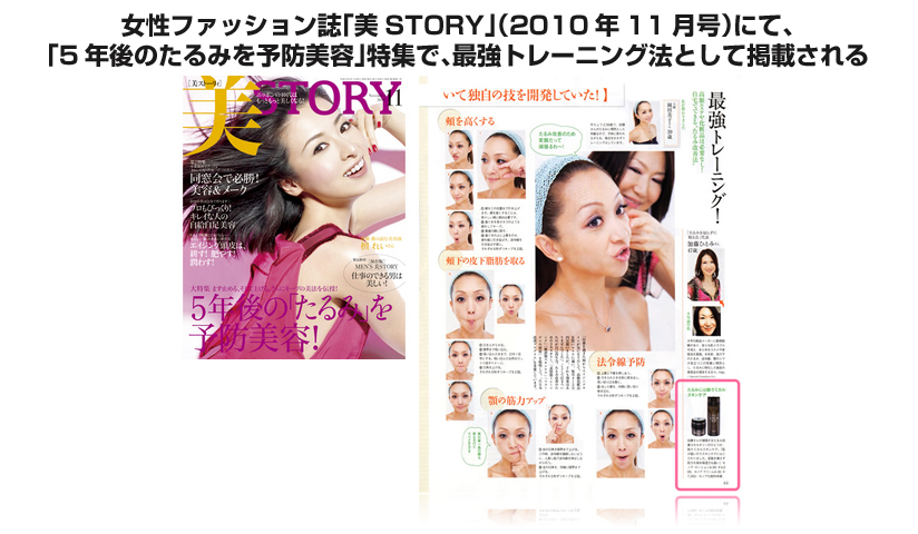 女性ファッション誌「美STORY」（2010年11月号）にて、「5年後のたるみを予防美容」特集で、最強トレーニング法として掲載される